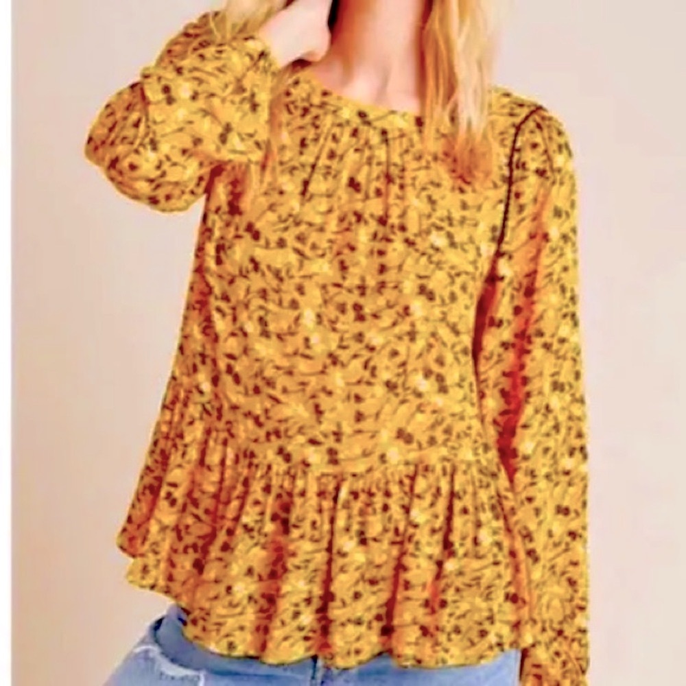 Anthropologie Maeve Cheyenne Peplum Yellow Floral Oversized Boho Blouse Top